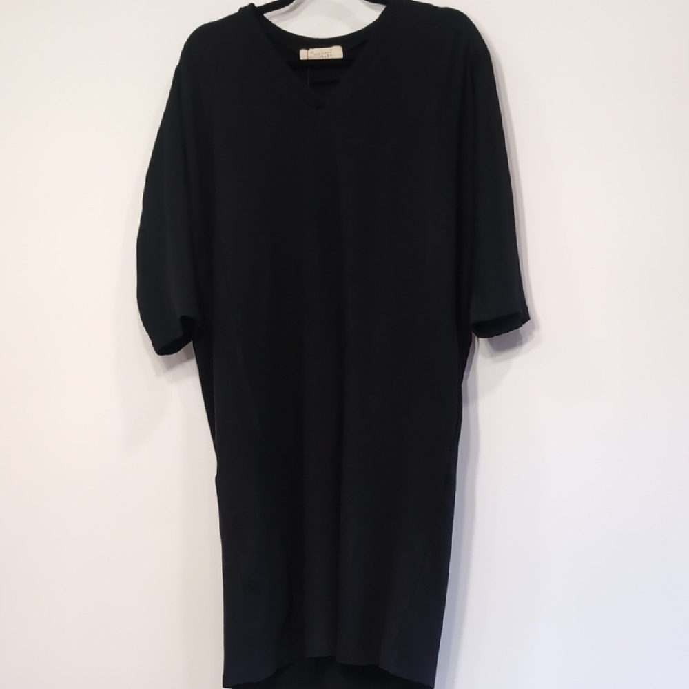 Cui Se Jia Ren | Stretchy Black Sheath Midi Dress 3/4 Sleeves Minimalist Size L